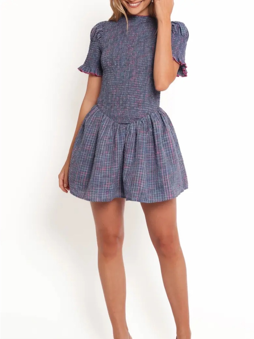 Petal & Pup Celine Check Puff Sleeve Fit Flare Mini Dress Smocked XS NWT